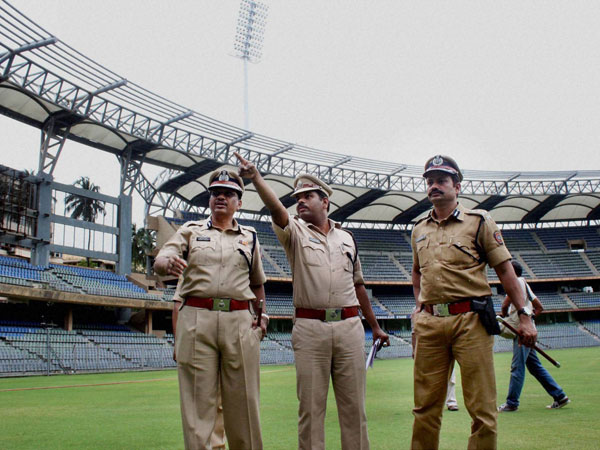 Police personnel inspect Wankhede Stadium