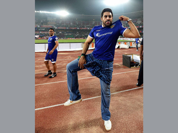 Chennaiyin FC co owner Abhishek Bachchan shows a dance step