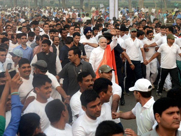 Prime Minister Narendra Modi waves during the 'Run for Unity'