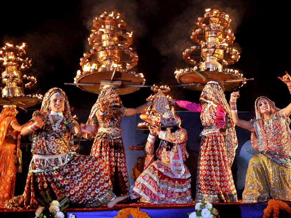 Artists perform Charkula Nirtya during Braj Kartik Mahostav 