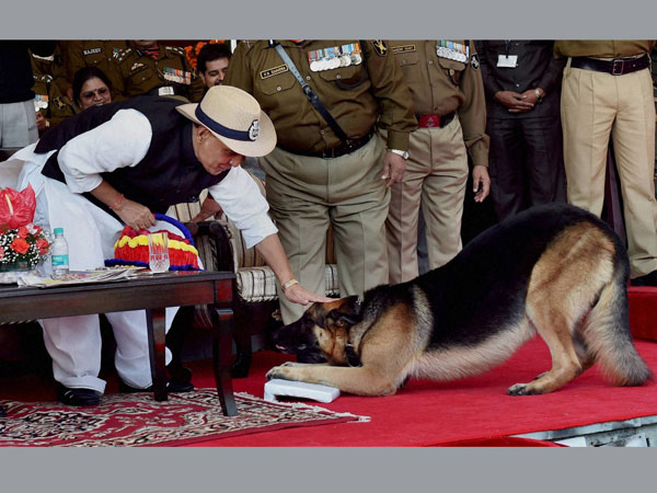 Union Home Minister Rajnath Singh pats a BSF dog