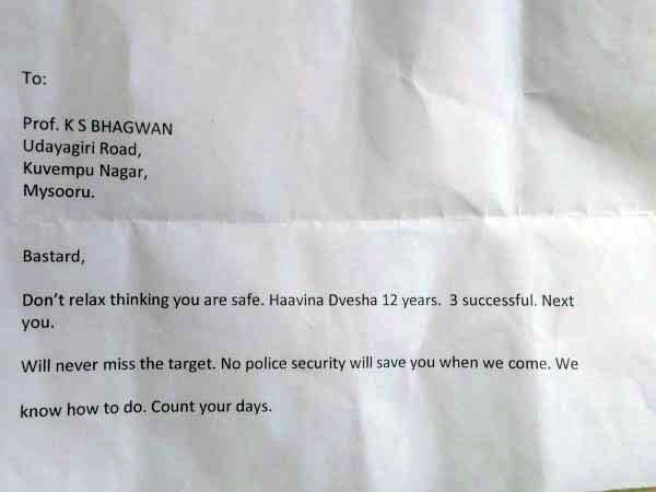 Karnataka Writer Receives Threat Latter