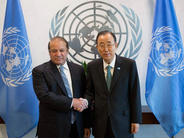 Prime Minister Muhammad Nawaz Sharif, left, poses with United Nations Secretary-General Ban Ki-moon at the United Nations headquarters. Prime Minister Muhammad Nawaz Sharif, left, poses with United Nations Secretary-General Ban Ki-moon at the United Nations headquarters.