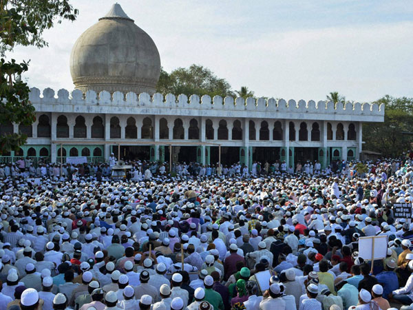 Muslim community members gather for a protest meeting over the derogatory remarks made by Kamlesh Tiwari of Hindu Mahasabha against Prophet Muhammad, in Karad, Maharashtra.