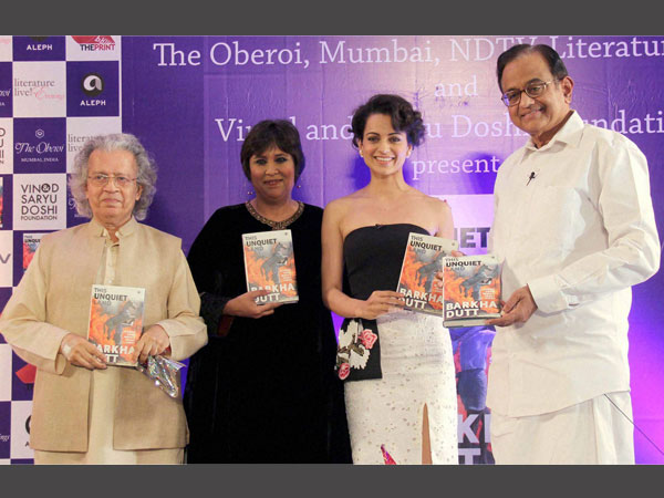 Anil Darkar, Consulting Editor, NDTV Barkha Dutt, Actress Kangana Ranaut and Former Finance Minister P.Chidambaram during the launch of the Barkha Dutt’s book " This Unquiet Land " at Trident in Mumbai on Jan 14, 2016