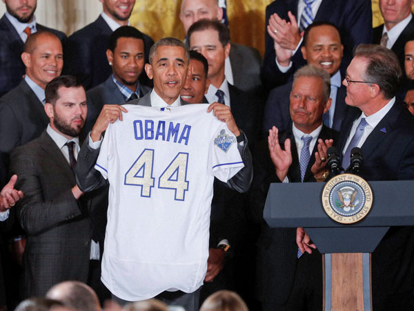 Obama with personalised baseball jersey