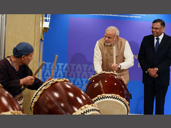 PM Narendra Modi beats a traditional Taiko drum during inauguration of the TCS Japan Technology and Culture Academy in Tokyo. 