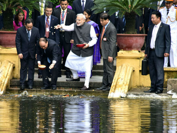 PM Modi feed fish in Uncle Ho's pond in Hanoi