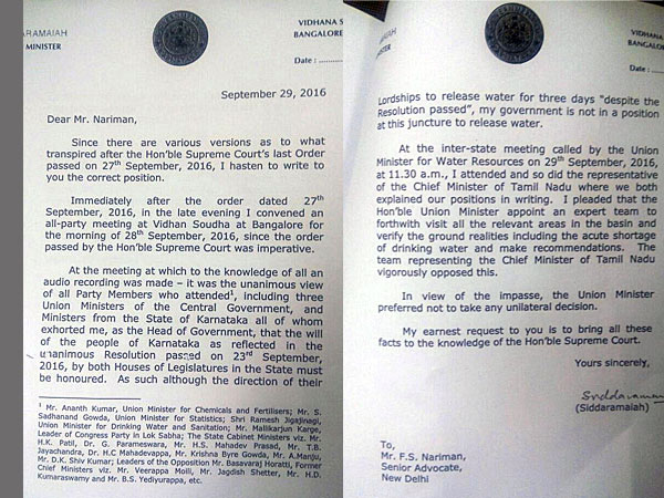 CM Siddaramaiah Letter for Nariman