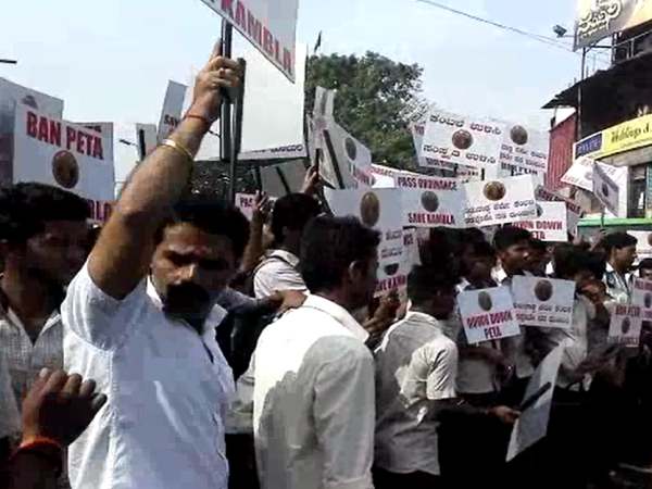 People raise slogans in support of Kambala in Mangaluru.