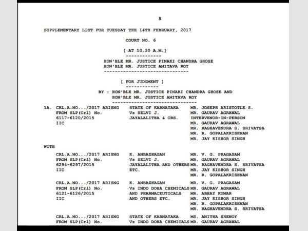 The Jayalalithaa DA case cause list for today