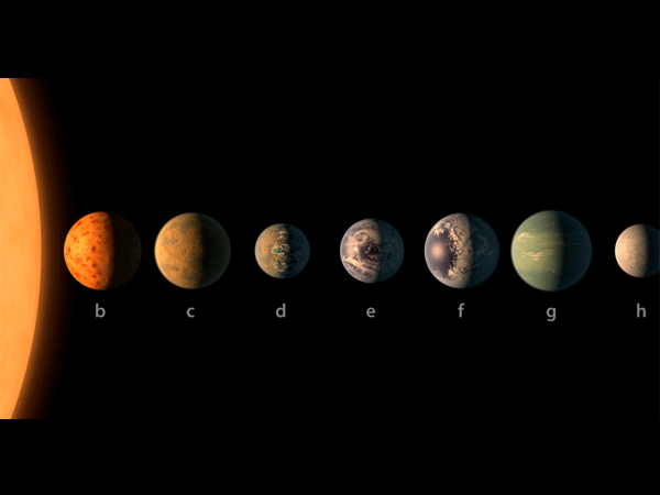 This artist's concept shows what each of the TRAPPIST-1 planets may look like, based on available data about their sizes, masses and orbital distances.