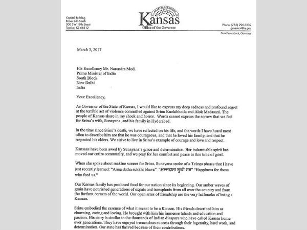 Kansas Governor writes to PM Modi