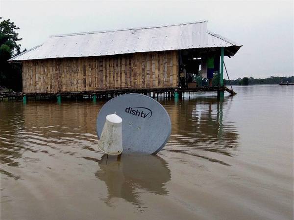 A scene of a submerged house