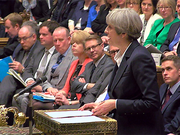 Britain's Prime Minister Theresa May gives news of triggering the Article 50 clause to initiate Britain's separation from the European Union, inside the House of Commons in London in this image taken from video Wednesday March 29, 2017. Britain's Prime Minister Theresa May gives news of triggering the Article 50 clause to initiate Britain's separation from the European Union, inside the House of Commons in London in this image taken from video Wednesday March 29, 2017.