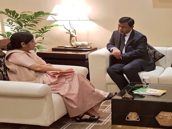 Swaraj meeting Shahidul Islam, the new Secretary General of BIMSTEC