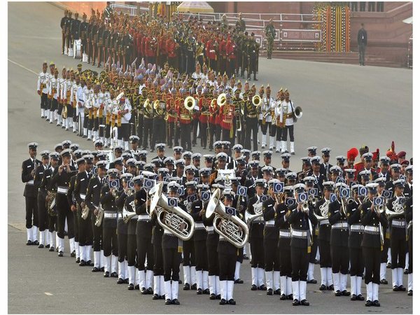Tri-services band perform during a full dress rehearsal for the Beating Retreat ceremony at Vijay Chowk on Saturday