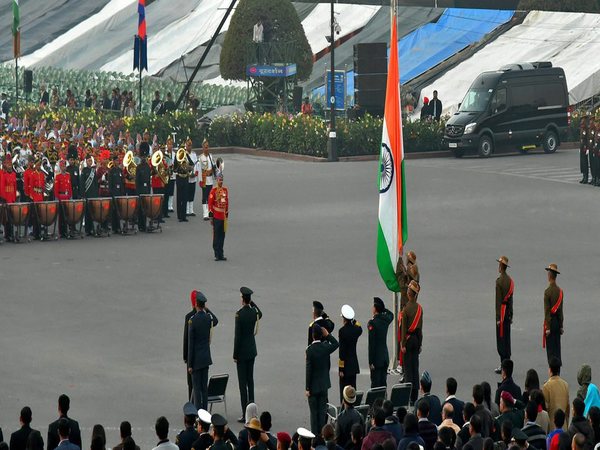 Soldiers bring down the Tri-colour after the conclusion full dress rehearsal of Beating Retreat ceremony