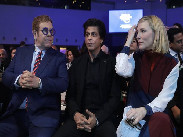 British musician Elton John, Shah Rukh Khan and Australian actress Cate Blanchett at the Crystal Awards ceremony