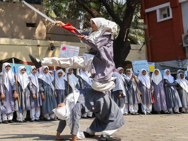 Girl students display self-defence