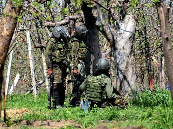 Soldiers take position behind trees during a gun battle in Shopian