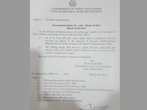 SP Vaid removed as J&K police chief; Dilbag Singh to hold additional charge