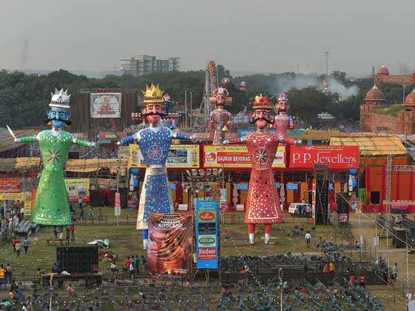 Effigies of demon-king Ravana, Kumbhakarna and Meghnad at Delhi's Ramlila ground