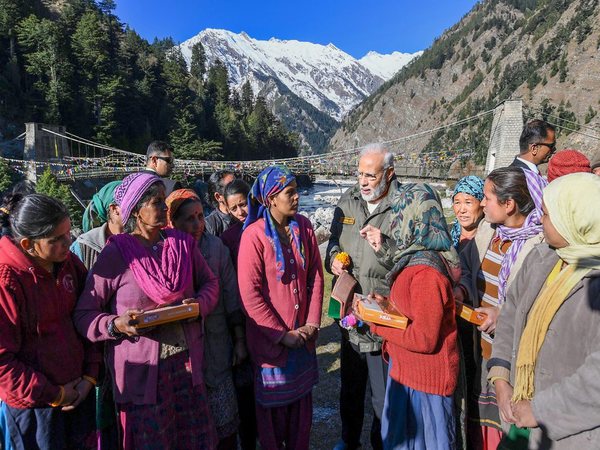 Prime Minister Narendra Modi interacting with people on Diwali at Harsil in Uttarakhand