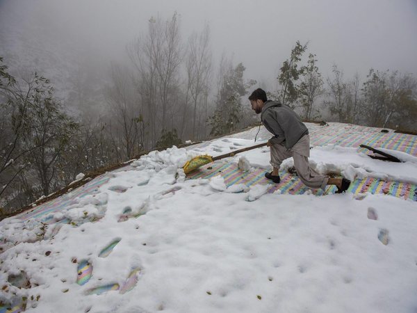 A man clears snow from the roof top of his mud-house on the out skirts of Srinagar