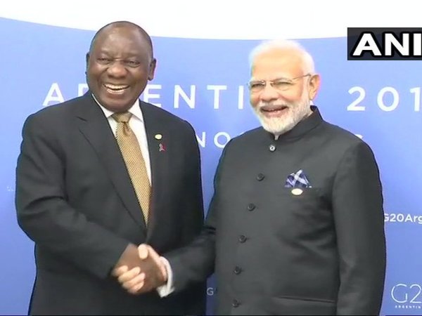 Prime Minister Narendra Modi meets President of South Africa Cyril Ramaphosa in Buenos Aires. Courtesy: ANI news Prime Minister Narendra Modi meets President of South Africa Cyril Ramaphosa in Buenos Aires. Courtesy: ANI news