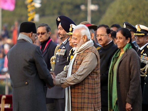 Prime Minister Narendra Modi welcomes President Ram Nath Kovind for the Beating Retreat ceremony