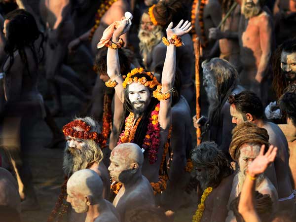 Naga Sadhus take a holy bath