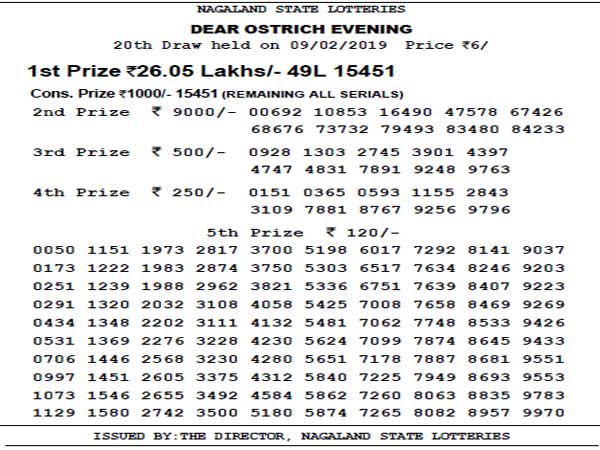 Nagaland Lotteries today results: Check Dear Ostrich Evening results now Nagaland Lotteries today results: Check Dear Ostrich Evening results now
