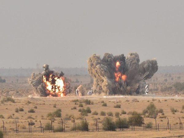 Smoke rises from an explosion during an IAF exercise named 'Vayu Shakti-2019'