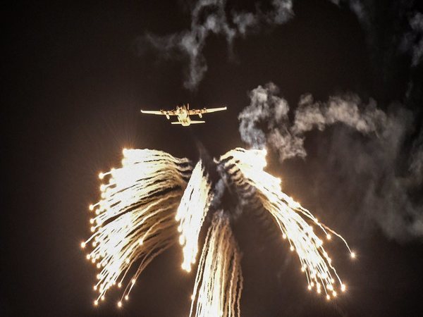 Indian Air Force C-30J dispenses flares during the 'VAYU SHAKTI-2019' at Pokhran