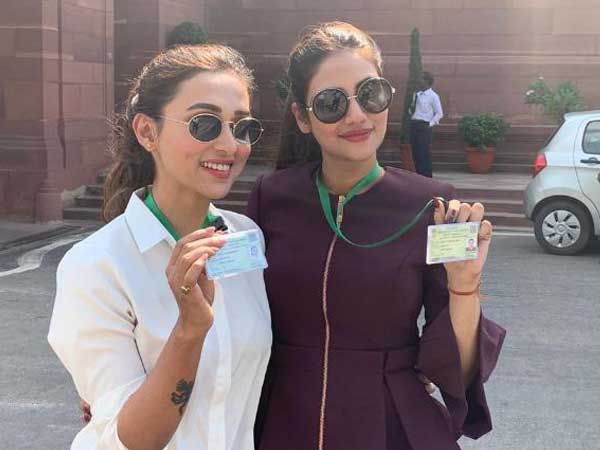 Trinamool MPs Mimi Chakraborty, Nusrat Jahan trolled for posing at Parliament Trinamool MPs Mimi Chakraborty, Nusrat Jahan trolled for posing at Parliament