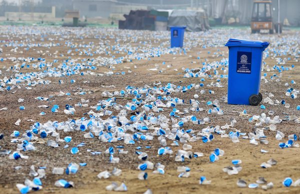 A view of used plastic tumblers seen strewn around Ramlila Maidan