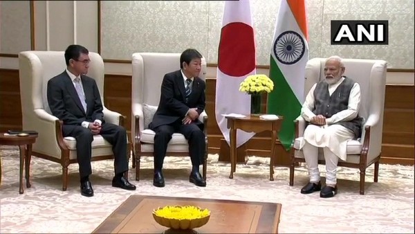 ANI Image of PM Modi and Japan Foreign Minister Toshimitsu Motegi and Defence Minister Taro Kono ANI Image of PM Modi and Japan Foreign Minister Toshimitsu Motegi and Defence Minister Taro Kono