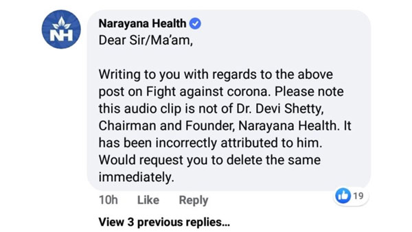 Fake: In that COVID-19 audio clip, the voice is not of Dr. Devi Shetty’s 