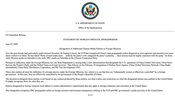 US designates China’s Global Times, 3 other outlets as foreign missions US designates China’s Global Times, 3 other outlets as foreign missions