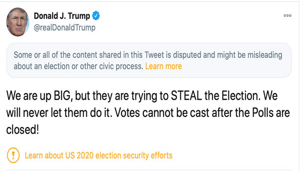 Twitter flags Donald Trump’s tweet on trying to steal the elections Twitter flags Donald Trump’s tweet on trying to steal the elections