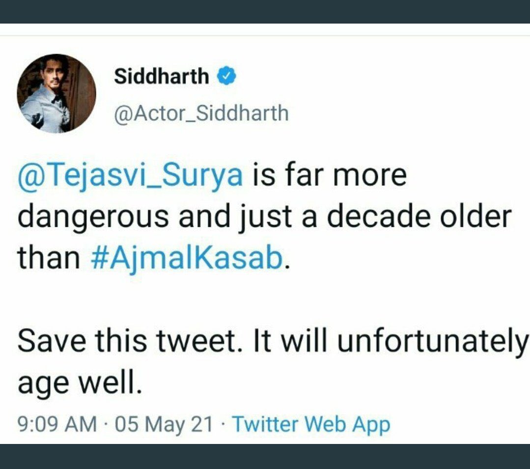 Actor Siddharth compares Tejasvi Surya to Ajmal Kasab after BBMP bed-for-bribe scam finds communal twist