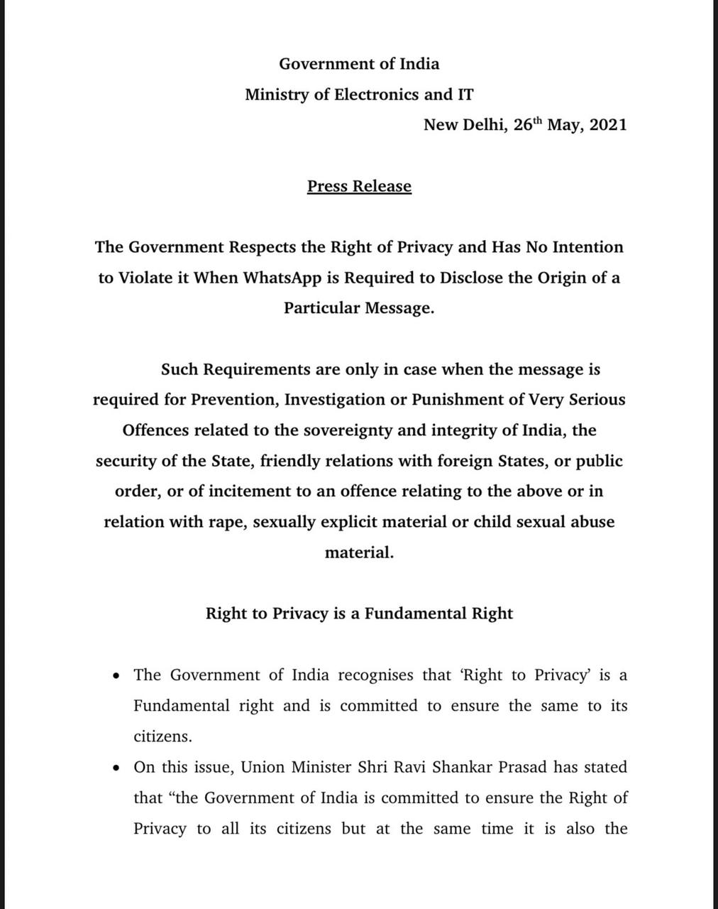 We respect right of privacy, has no intention to violate it: Govt responds to Whatsapp