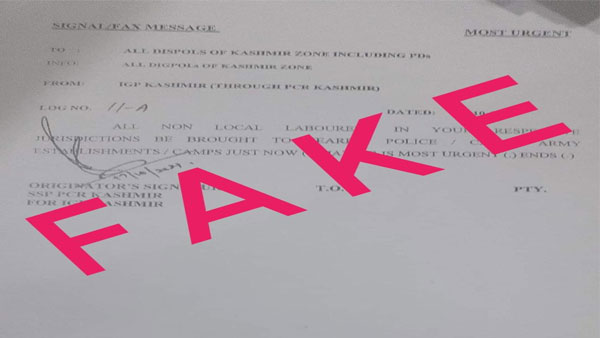 Order stating all non-local labourers in J&K to be shifted to Police, Army camps is fake