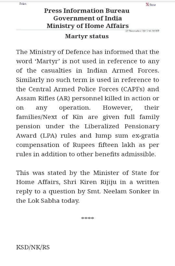 Why does’t the Indian Army use the word martyr for its fallen braves