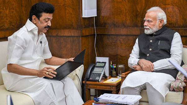 Prime Minister Narendra Modi interacts with Tamil Nadu Chief Minister M. K. Stalin, during a meeting, in New Delhi