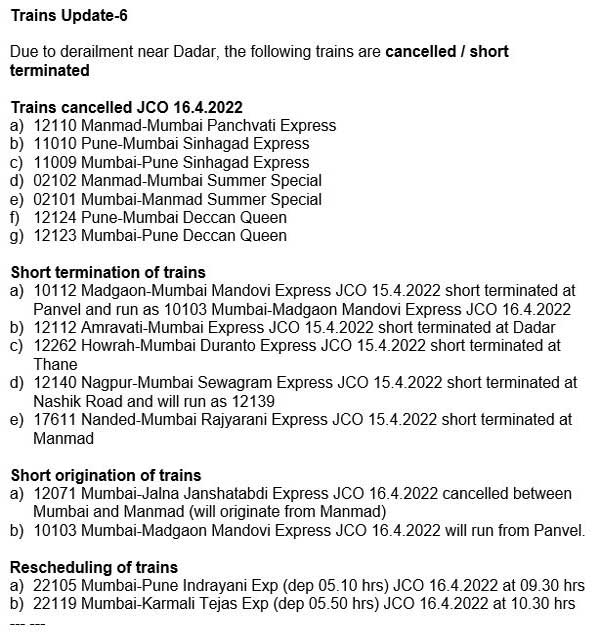 Mumbai derailment: list of trains cancelled, rescheduled