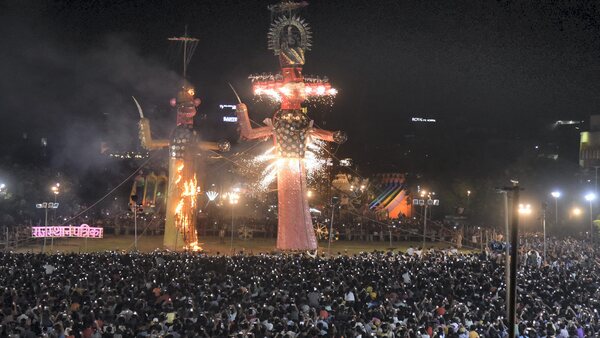 Effigies of Ravana and Kumbhkaran being burnt on the occasion of Dussehra Celebrations, in Jaipur