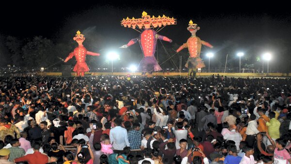 Effigies of demon King Ravana, Kumbhkarna and Meghnad during Dussehra festival celebrations at BLW ground, in Varanasi