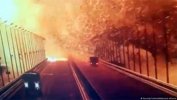 The still from a surveillance camera shows the fire after the explosion on Kerch Bridge on October 8